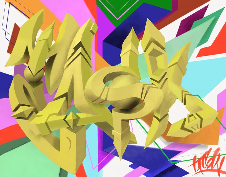 3D graffiti piece reading TASK in gold letters over colorful geometric shapes